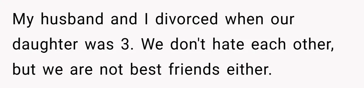 My husband and I divorced when our daughter was 3. We don't hate each other, but we are not best friends either.