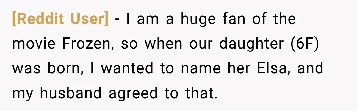 [Reddit User] − I am a huge fan of the movie Frozen, so when our daughter (6F) was born, I wanted to name her Elsa, and my husband agreed to...