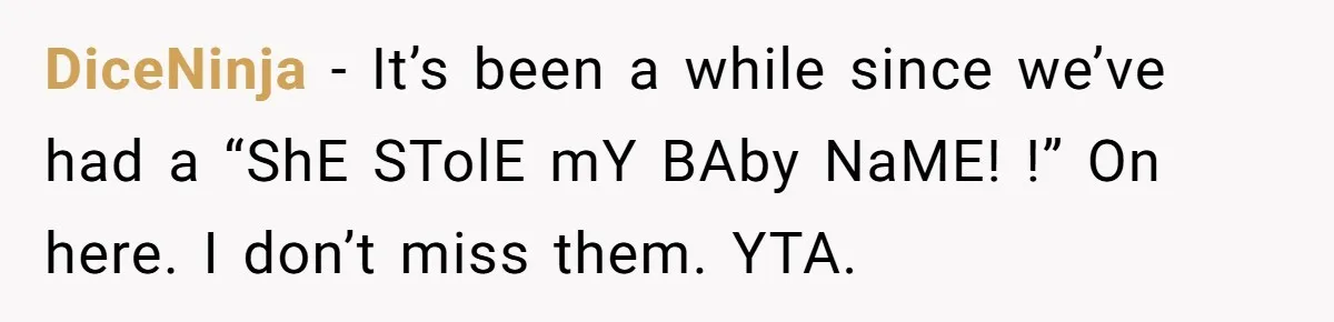 DiceNinja − It’s been a while since we’ve had a “ShE STolE mY BAby NaME! !” On here. I don’t miss them. YTA.
