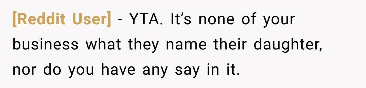 [Reddit User] − YTA. It’s none of your business what they name their daughter, nor do you have any say in it.