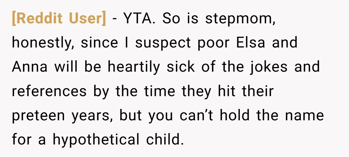 [Reddit User] − YTA. So is stepmom, honestly, since I suspect poor Elsa and Anna will be heartily sick of the jokes and references by the time they hit their...