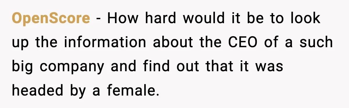 OpenScore - How hard would it be to look up the information about the CEO of a such big company and find out that it was headed by a female.