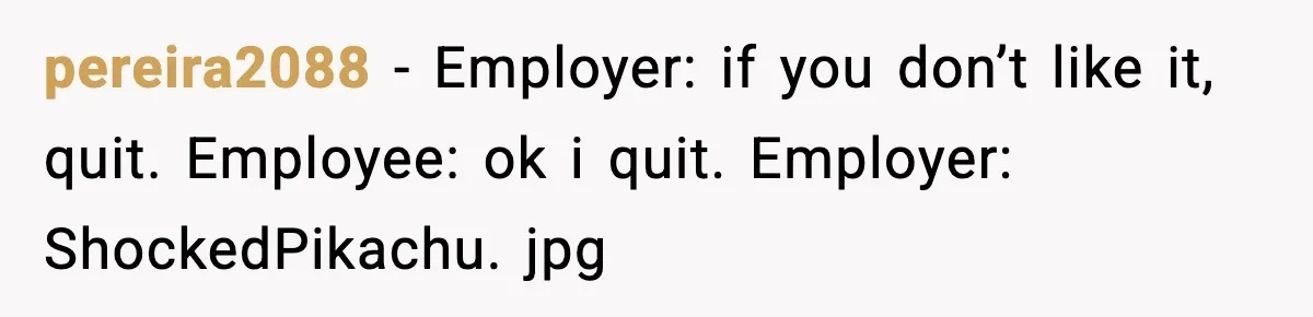 pereira2088 - Employer: if you don’t like it, quit. Employee: ok i quit. Employer: ShockedPikachu. jpg