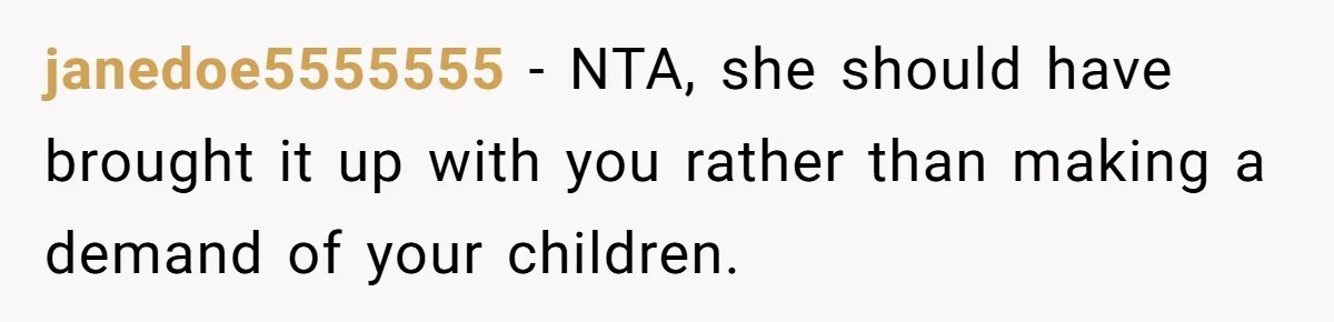 janedoe5555555 − NTA, she should have brought it up with you rather than making a demand of your children.