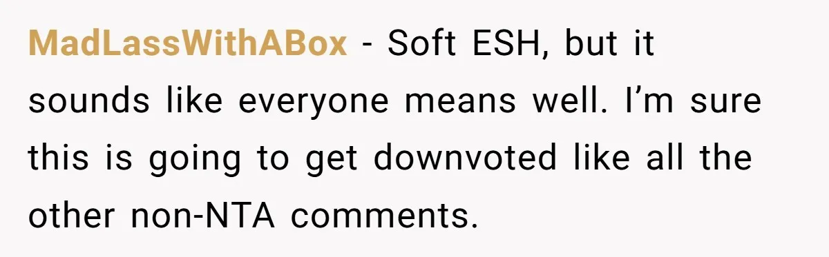 MadLassWithABox − Soft ESH, but it sounds like everyone means well. I’m sure this is going to get downvoted like all the other non-NTA comments.