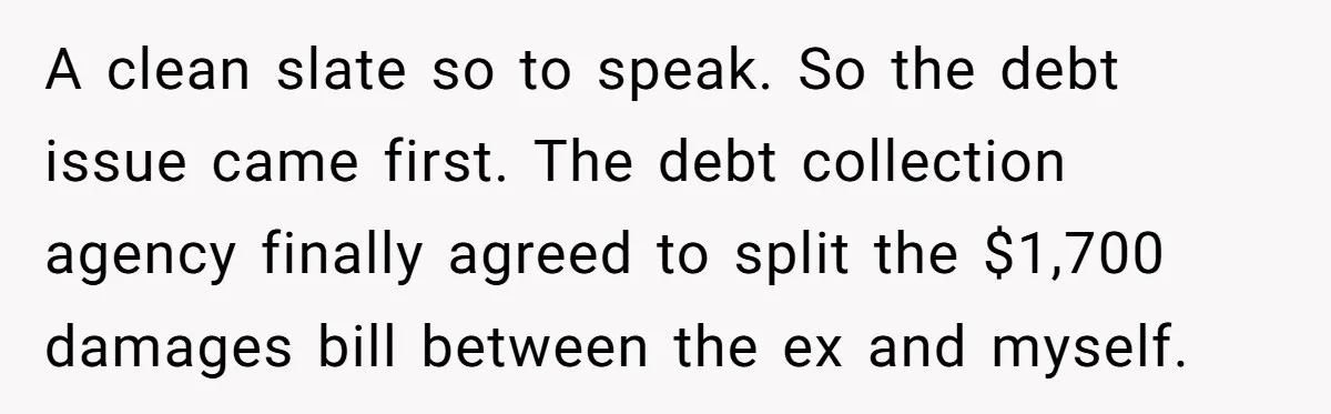 A clean slate so to speak. So the debt issue came first. The debt collection agency finally agreed to split the $1,700 damages bill between the ex and myself.