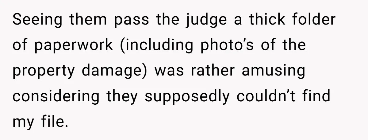 Seeing them pass the judge a thick folder of paperwork (including photo’s of the property damage) was rather amusing considering they supposedly couldn’t find my file.