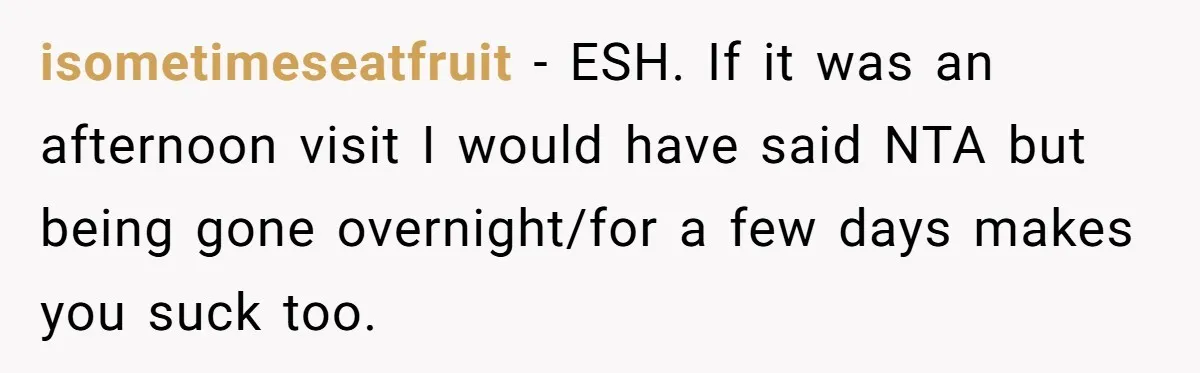 isometimeseatfruit - ESH. If it was an afternoon visit I would have said NTA but being gone overnight/for a few days makes you suck too.