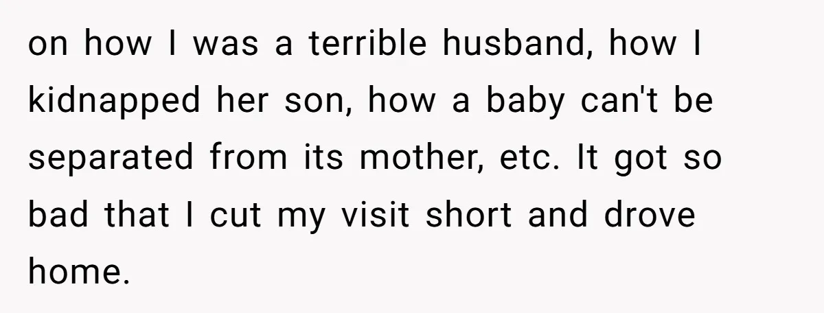 on how I was a terrible husband, how I kidnapped her son, how a baby can't be separated from its mother, etc. It got so bad that I cut my...
