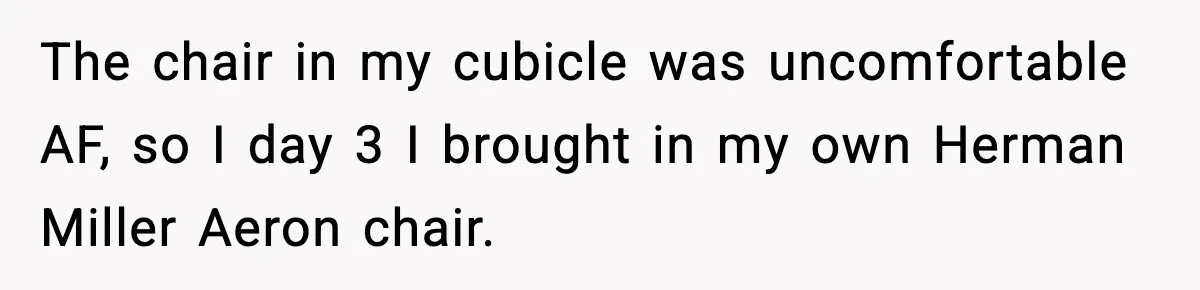 The chair in my cubicle was uncomfortable AF, so I day 3 I brought in my own Herman Miller Aeron chair.