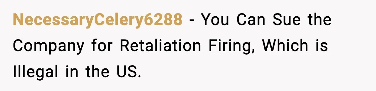 NecessaryCelery6288 − You Can Sue the Company for Retaliation Firing, Which is Illegal in the US.