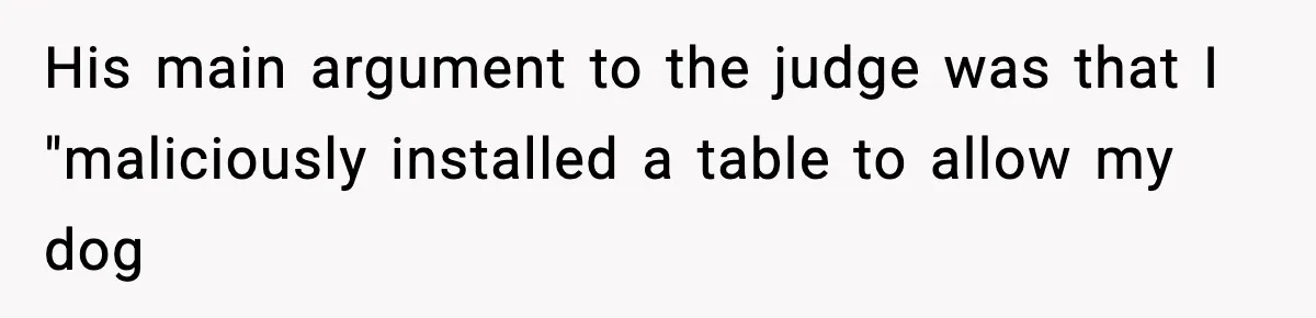 His main argument to the judge was that I "maliciously installed a table to allow my dog