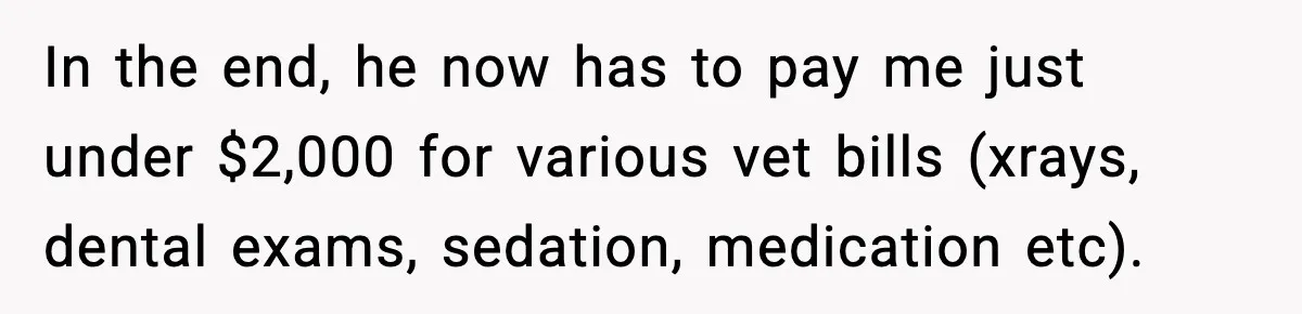 In the end, he now has to pay me just under $2,000 for various vet bills (xrays, dental exams, sedation, medication etc).