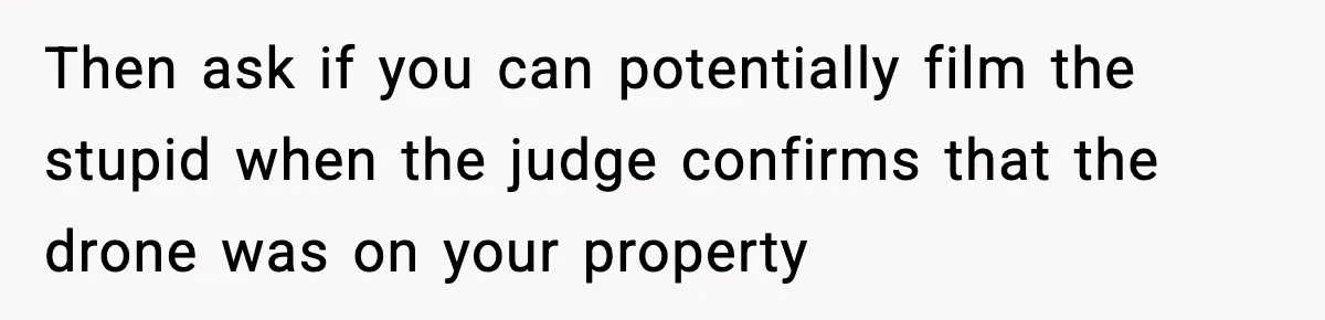 Then ask if you can potentially film the stupid when the judge confirms that the drone was on your property