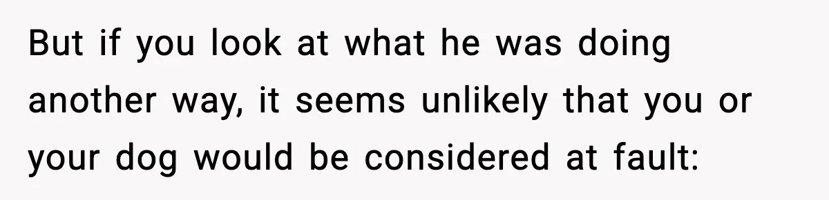 But if you look at what he was doing another way, it seems unlikely that you or your dog would be considered at fault: