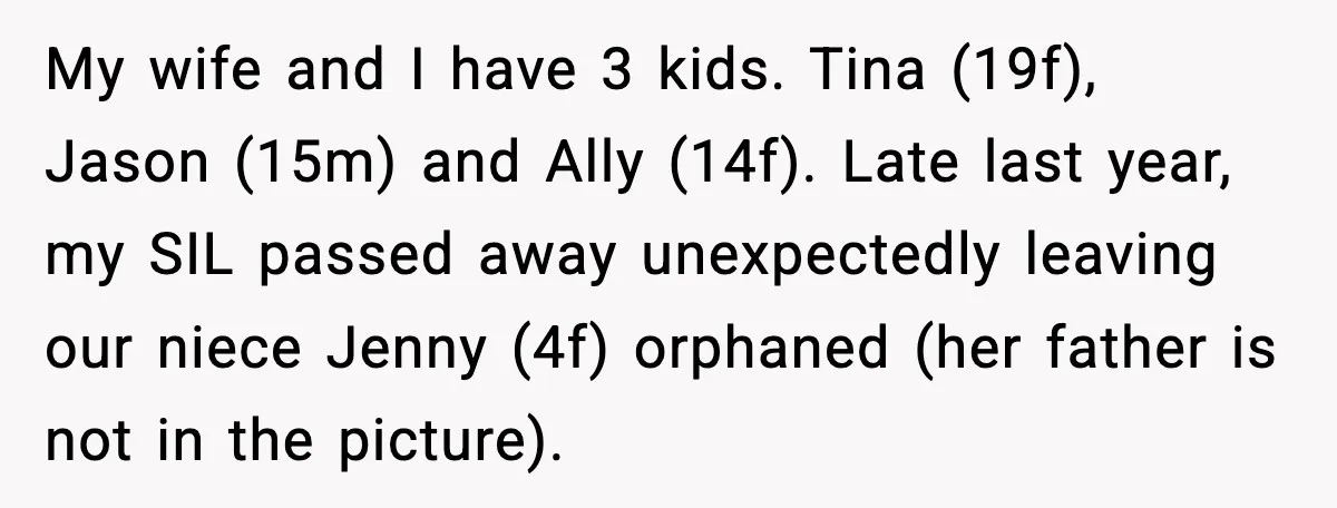 Dad Tells “Child Free” Daughter To Babysit Or Pay Rent, Internet Reacts My wife and I have 3 kids. Tina (19f), Jason (15m) and Ally (14f). Late last year, my SIL passed away unexpectedly leaving our niece Jenny (4f) orphaned (her father...