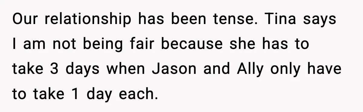 Dad Tells “Child Free” Daughter To Babysit Or Pay Rent, Internet Reacts Our relationship has been tense. Tina says I am not being fair because she has to take 3 days when Jason and Ally only have to take 1 day each.