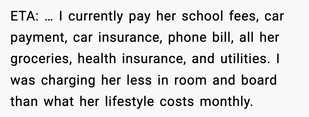 Dad Tells “Child Free” Daughter To Babysit Or Pay Rent, Internet Reacts ETA: … I currently pay her school fees, car payment, car insurance, phone bill, all her groceries, health insurance, and utilities. I was charging her less in room and board...