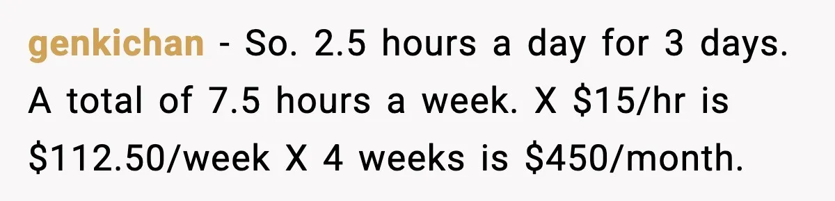 Dad Tells “Child Free” Daughter To Babysit Or Pay Rent, Internet Reacts genkichan - So. 2.5 hours a day for 3 days. A total of 7.5 hours a week. X $15/hr is $112.50/week X 4 weeks is $450/month.