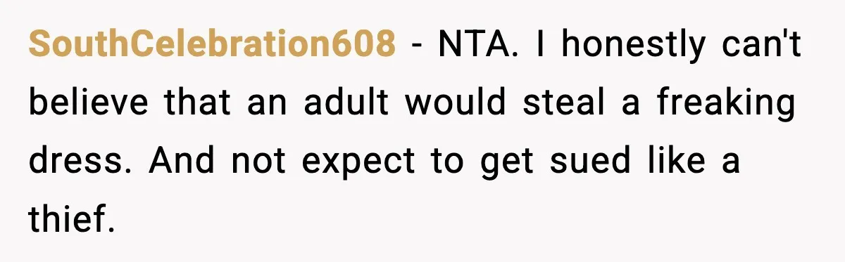 SouthCelebration608 - NTA. I honestly can't believe that an adult would steal a freaking dress. And not expect to get sued like a thief.