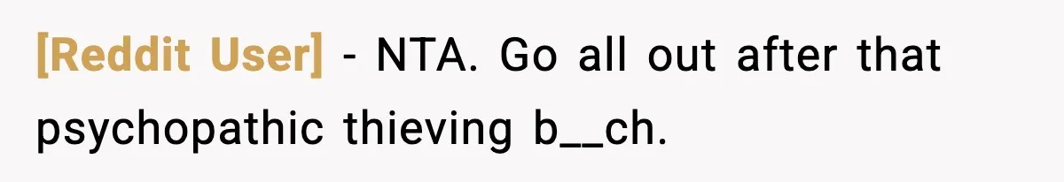 [Reddit User] - NTA. Go all out after that psychopathic thieving b__ch.