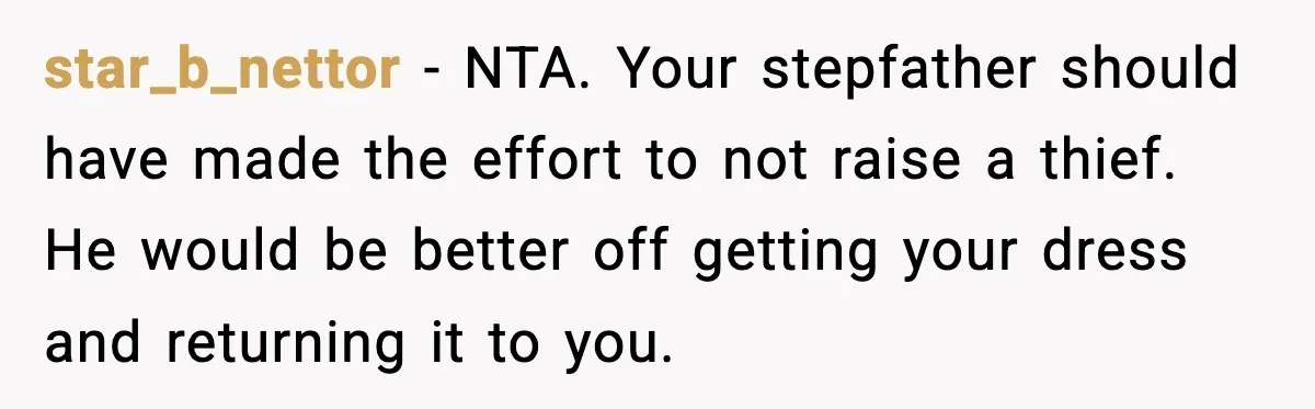 star_b_nettor - NTA. Your stepfather should have made the effort to not raise a thief. He would be better off getting your dress and returning it to you.