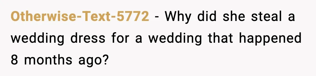 Otherwise-Text-5772 - Why did she steal a wedding dress for a wedding that happened 8 months ago?