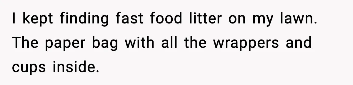 I kept finding fast food litter on my lawn. The paper bag with all the wrappers and cups inside.