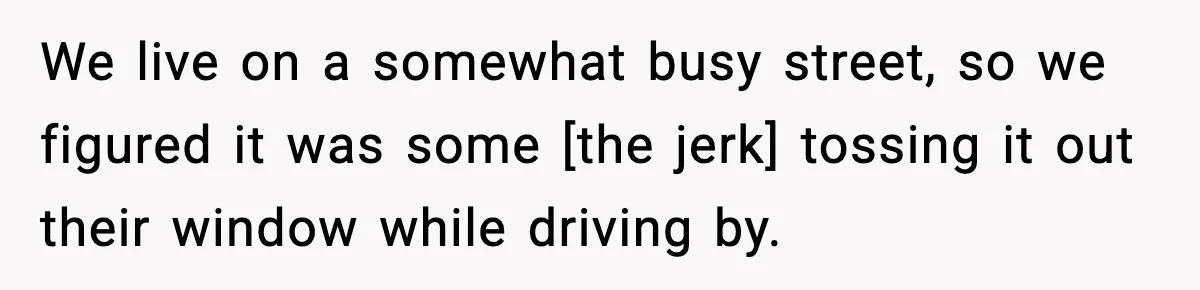 We live on a somewhat busy street, so we figured it was some [the jerk] tossing it out their window while driving by.