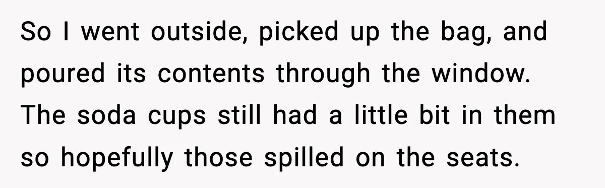 So I went outside, picked up the bag, and poured its contents through the window. The soda cups still had a little bit in them so hopefully those spilled on...