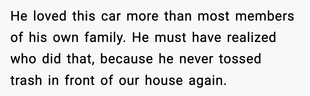 He loved this car more than most members of his own family. He must have realized who did that, because he never tossed trash in front of our house again.
