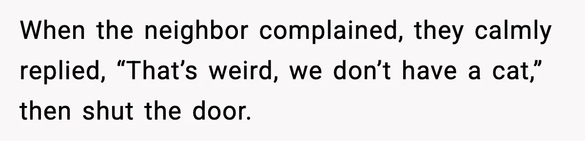 When the neighbor complained, they calmly replied, “That’s weird, we don’t have a cat,” then shut the door.