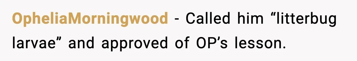 OpheliaMorningwood - Called him “litterbug larvae” and approved of OP’s lesson.
