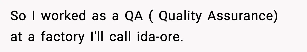 So I worked as a QA ( Quality Assurance) at a factory I'll call ida-ore.