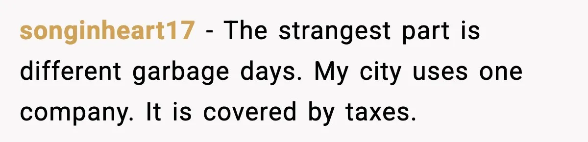 songinheart17 - The strangest part is different garbage days. My city uses one company. It is covered by taxes.