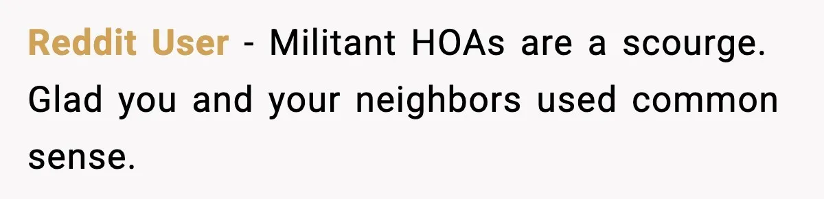 Reddit User - Militant HOAs are a scourge. Glad you and your neighbors used common sense.