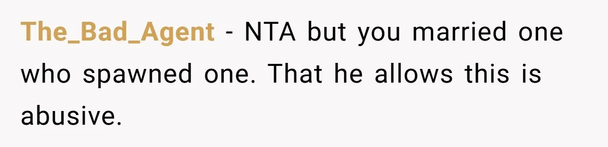 The_Bad_Agent − NTA but you married one who spawned one. That he allows this is abusive.