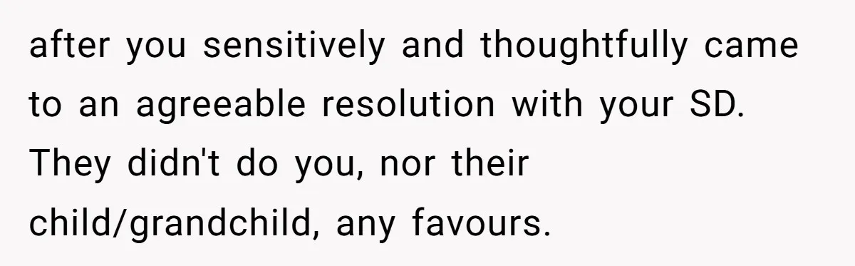 after you sensitively and thoughtfully came to an agreeable resolution with your SD. They didn't do you, nor their child/grandchild, any favours.