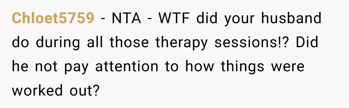 Chloet5759 − NTA - WTF did your husband do during all those therapy sessions!? Did he not pay attention to how things were worked out?