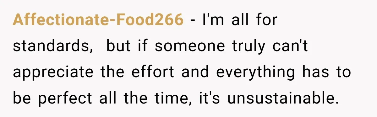 Affectionate-Food266 − I'm all for standards,  but if someone truly can't appreciate the effort and everything has to be perfect all the time, it's unsustainable.