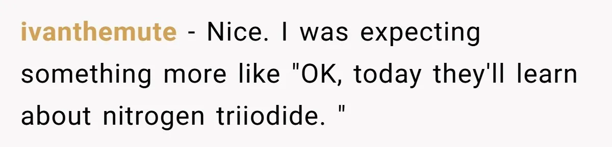 ivanthemute − Nice. I was expecting something more like "OK, today they'll learn about nitrogen triiodide. "