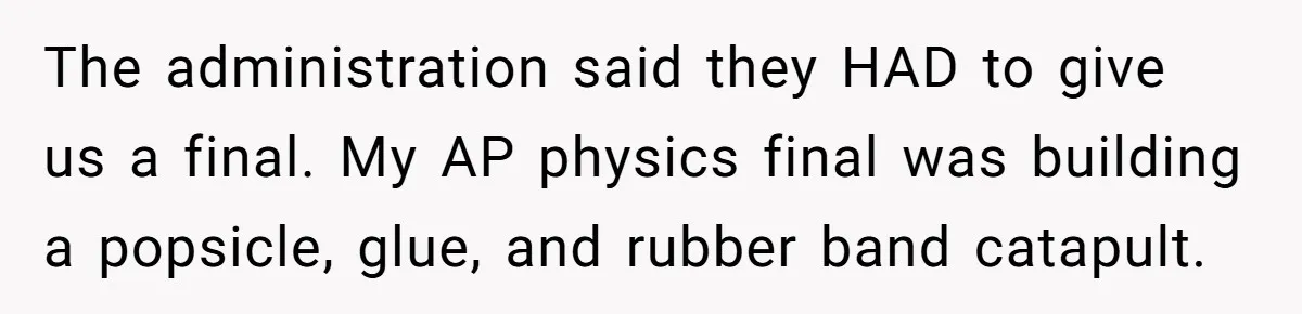 The administration said they HAD to give us a final. My AP physics final was building a popsicle, glue, and rubber band catapult.