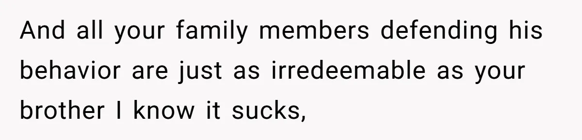 Man Welcomes Homeless Brother Into Home Only To Hear Vile Slur And Kick Entire Family With Wife And Kids Out And all your family members defending his behavior are just as irredeemable as your brother I know it sucks,