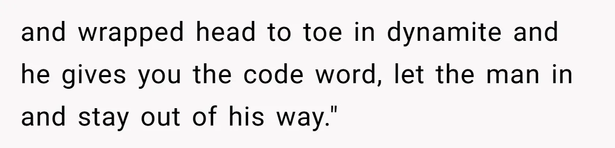 and wrapped head to toe in dynamite and he gives you the code word, let the man in and stay out of his way."