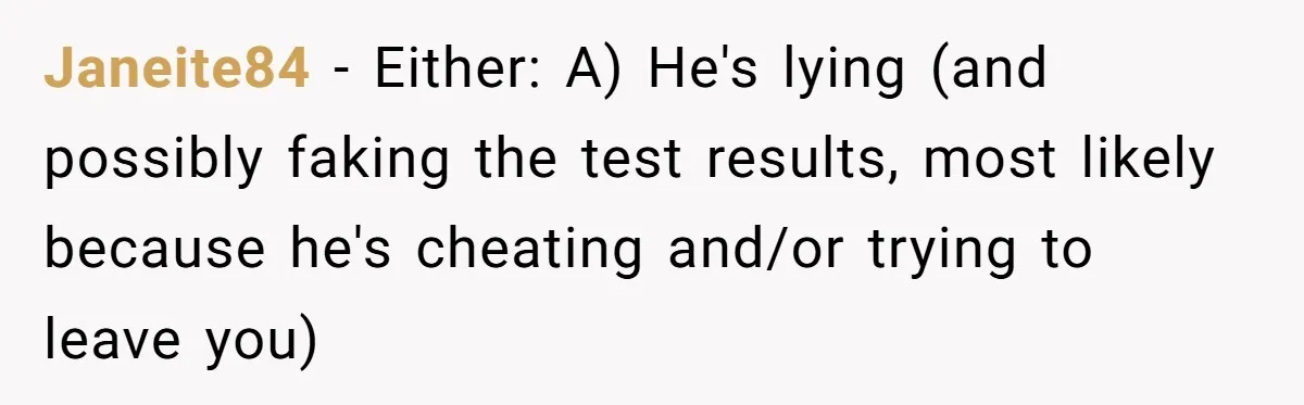 Janeite84 − Either: A) He's lying (and possibly faking the test results, most likely because he's cheating and/or trying to leave you)