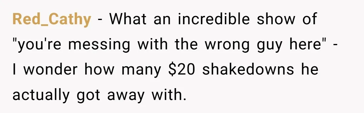 Red_Cathy - What an incredible show of "you're messing with the wrong guy here" - I wonder how many $20 shakedowns he actually got away with.