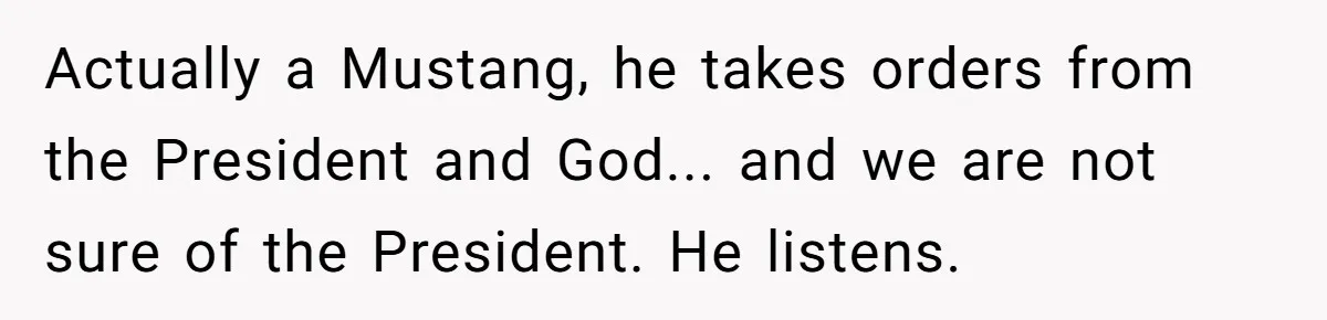 Actually a Mustang, he takes orders from the President and God... and we are not sure of the President. He listens.