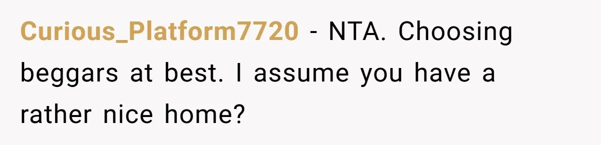 Curious_Platform7720 − NTA. Choosing beggars at best. I assume you have a rather nice home?