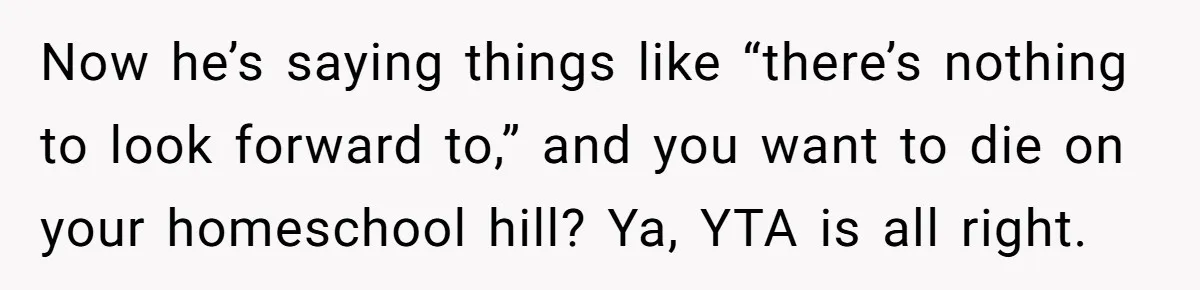 Now he’s saying things like “there’s nothing to look forward to,” and you want to die on your homeschool hill? Ya, YTA is all right.