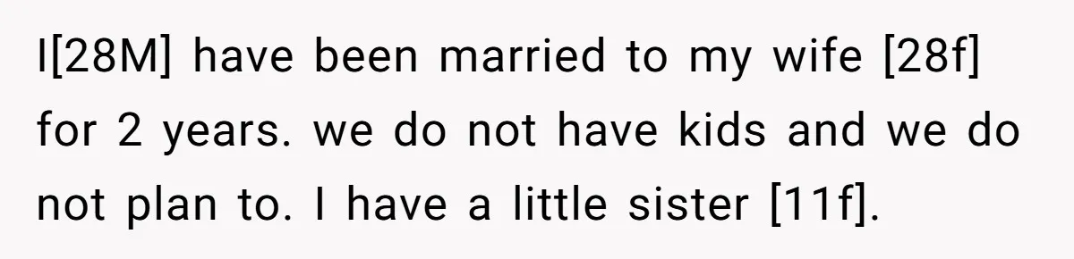 I[28M] have been married to my wife [28f] for 2 years. we do not have kids and we do not plan to. I have a little sister [11f].